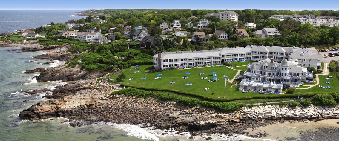 Arial view of the Beachmere Inn property and coastline.